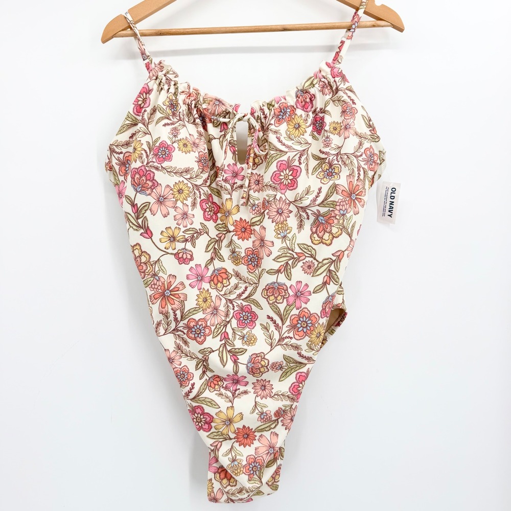 Old Navy XXL Fall Floral Keyhole Tie Front One Piece Swimsuit Cream Pink Orange